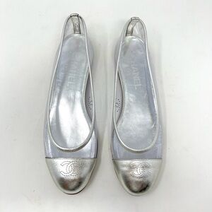 Chanel Interlocking CC Logo Silver Ballet Flat Cap Toe PVC Flat Size 36.5 EU